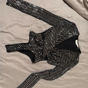 ASTR the Label Black & Silver Sequin Women's  Low-cut Bodysuit